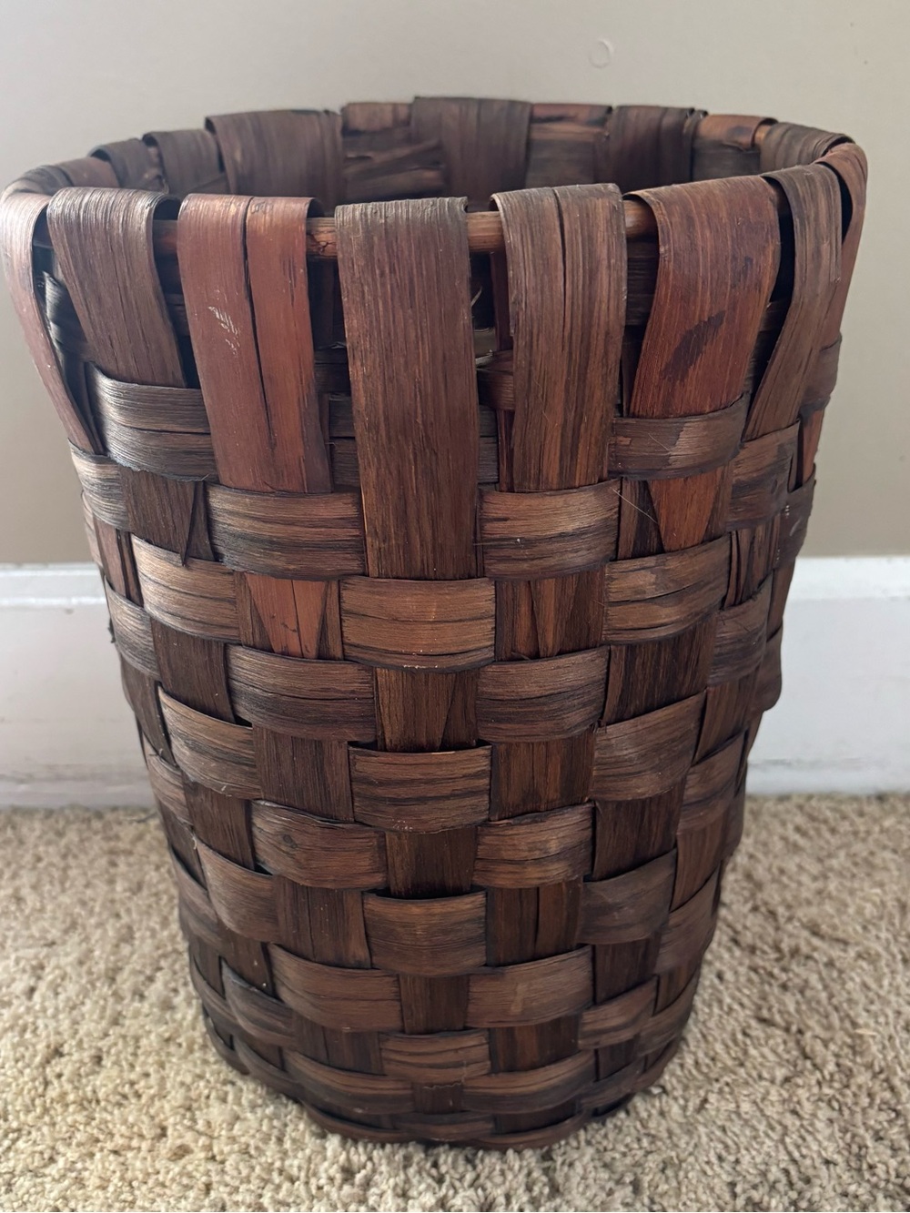 Old Rush Handwoven Oak Strap Bent Wood Wastebasket? Storage Basket 13.5”x10”